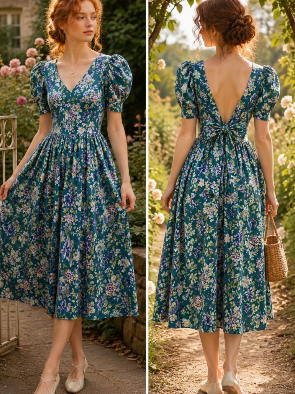 Vintage Laura Ashley 80s Puff Sleeve Floral Midi Dress Bow Back Cottagecore 8